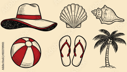 Hand-drawn vintage collection of classic summer beach icons including a sun hat, seashells, a palm tree and flip-flops.