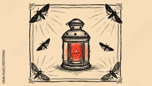 Mystical hand-drawn vintage illustration of an old lantern attracting moths to its light, set within a decorative square frame.