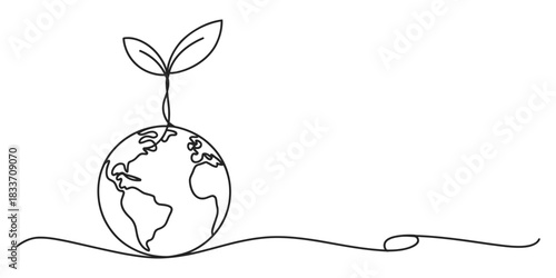 Continuous line drawing of planet earth with a green sprout growing from its top, symbolizing global environmental care and sustainability concept. Vector, illustration