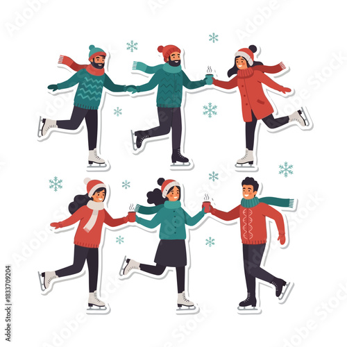 Six people ice skating together, holding hands, wearing winter clothing, with snowflake accents.