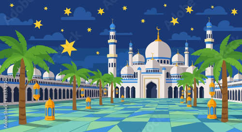 Grand Mosque with Palm Trees and Lanterns at Night.