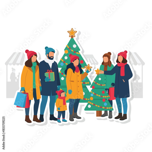 A group of people, including a child, are gathered around Christmas trees, some holding gifts and shopping bags.