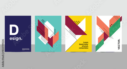 Abstract geometric poster set featuring bold shapes, typography, and modern design elements in vibrant color palettes