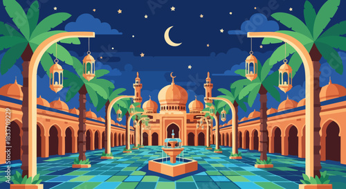 islamic mosque complex at night.