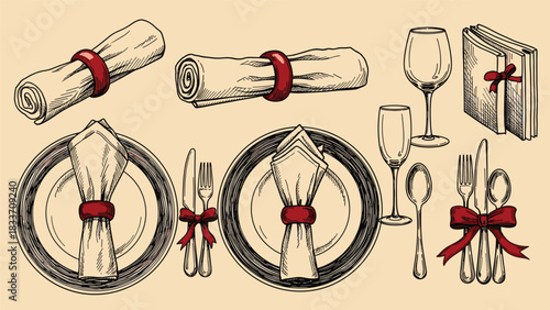 Hand-drawn vintage set of a formal table setting for a restaurant or celebration, with plates, cutlery, glasses, and napkins.