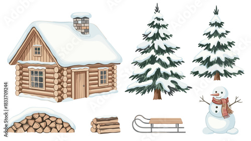 Charming collection of winter scene elements, including a snow-covered log cabin, pine trees, a snowman, and a sled.