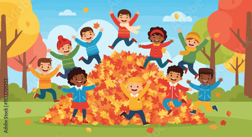 Happy children jumping and playing in a pile of colorful autumn leaves.
