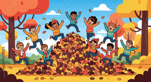 Happy children playing in autumn leaves pile with joy and energy.