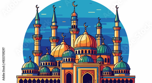 Colorful illustration of a grand mosque with multiple minarets and domes.