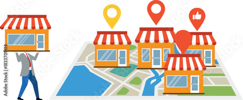 Business location selection concept with storefronts on map, location pins, thumbs-up icon, and person carrying shop