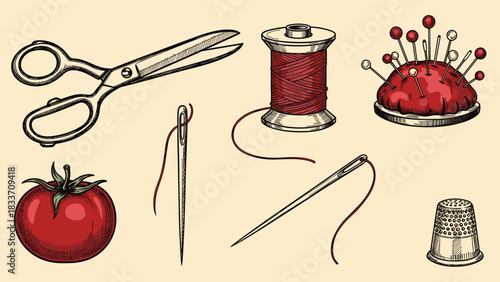 Hand-drawn vintage collection of sewing and tailoring supplies, including scissors, thread, needles, and a tomato pincushion.