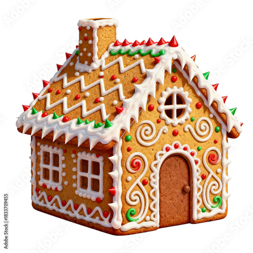 Christmas gingerbread house isolated on white with icing and candy decoration.