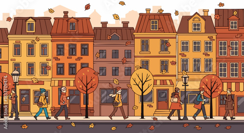 Autumn city street scene with people and trees.
