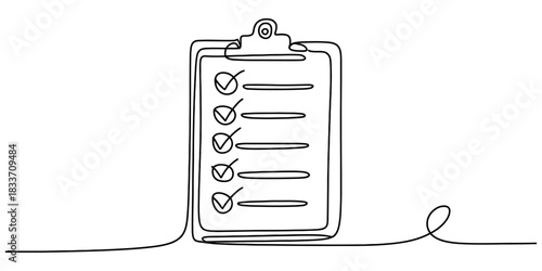 Continuous line art drawing of a checklist on a clipboard with multiple completed tasks, symbolizing achievement, planning, and task. Vector, illustration