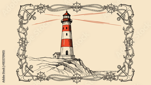Vintage hand-drawn illustration of a red and white lighthouse on a cliff, enclosed in a decorative nautical frame with ropes and anchors.