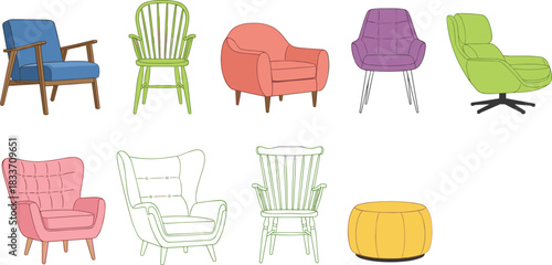 Colorful chair and ottoman icon set featuring modern, traditional, and lounge furniture styles for interior design visuals
