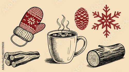 Hand-drawn vintage collection of cozy winter essentials, including hot chocolate, a mitten, firewood, and a pinecone.