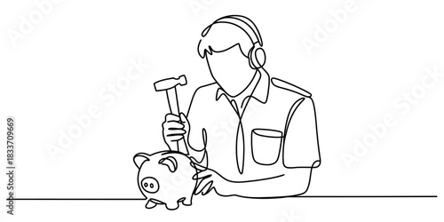Continuous one line drawing of a person wearing headphones, holding a hammer above a piggy bank, symbolizing financial planning. Vector, illustration