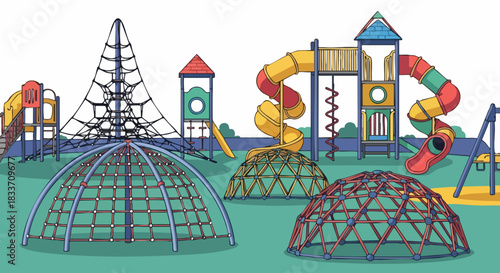 Modern Outdoor Playground Equipment with Climbing Structures and Slides.