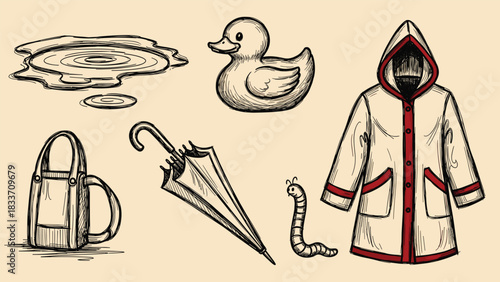 Vintage set of hand-drawn rainy day items for kids, including a rubber duck, raincoat, worm, and puddle.