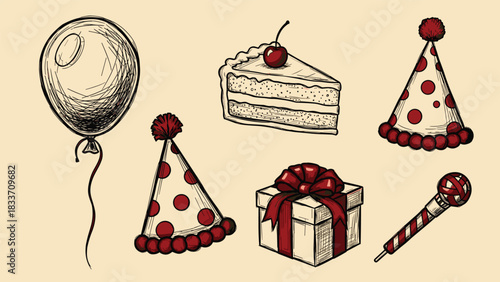 Hand-drawn vintage-style collection of birthday party celebration icons including a cake slice, gift box, and party hats.