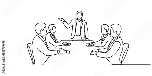 Business meeting with a standing presenter and seated participants in a continuous line art drawing, conveying communication and teamwork. Vector, illustration