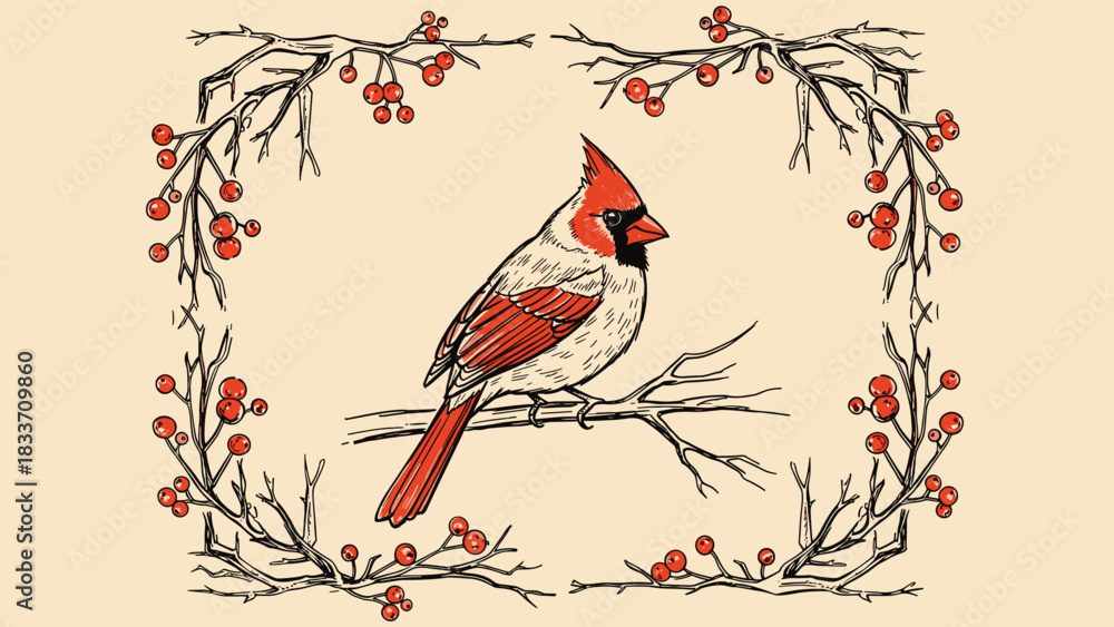 Obraz premium Hand-drawn vintage illustration of a beautiful red cardinal bird perched inside a delicate frame of winterberry branches.