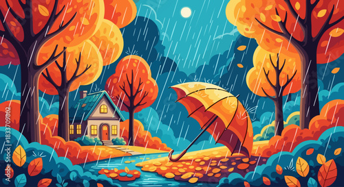 Autumn rain scene with house and umbrella.