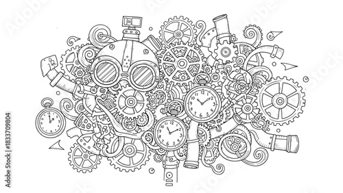 Intricate black and white coloring page or illustration featuring a complex collage of steampunk gears, clocks, and machinery.