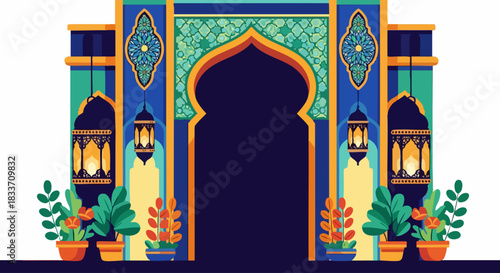Islamic Archway with Lanterns and Plants.