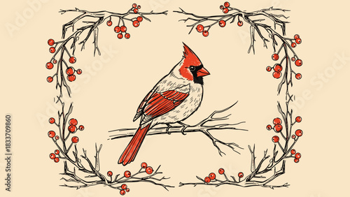Hand-drawn vintage illustration of a beautiful red cardinal bird perched inside a delicate frame of winterberry branches.