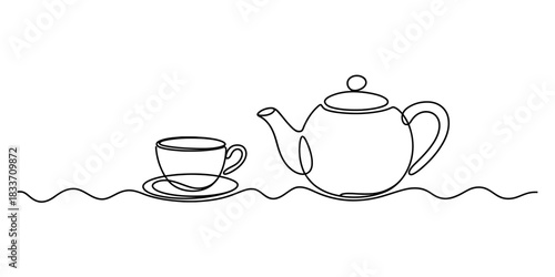 Continuous line drawing of a classic ceramic teapot and elegant teacup with saucer, symbolizing morning tea ritual and comfort. Vector, illustration