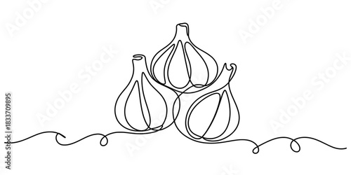 Elegant single line art drawing of three organic garlic bulbs, healthy cooking ingredients for culinary and minimalist design projects. Vector, illustration