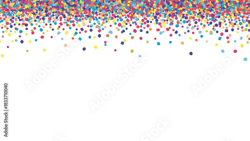 Bright and festive party background with a top border of colorful falling confetti in various shapes, dots and squares.