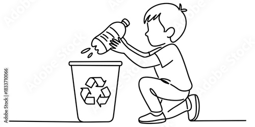 Little boy placing a plastic bottle into a recycling bin with the universal recycle symbol, promoting environmental care and waste sorting. Vector, illustration