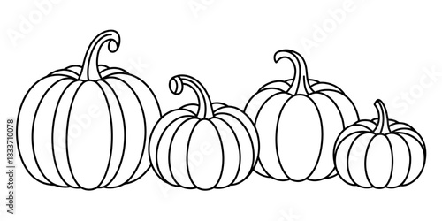Outline drawing of a cluster of four pumpkins in varying sizes, perfect for autumn harvest, halloween, and thanksgiving themes. Vector, illustration