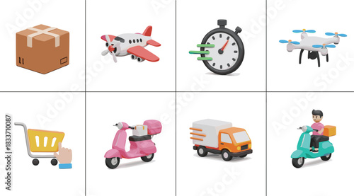 Delivery transport icon set, fast shipping symbols, drone, airplane, scooter, truck, ecommerce, online shopping, logistics vector, express service