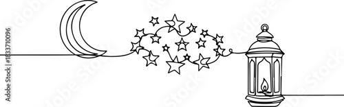 One line crescent moon stars and lantern Ramadan vector design.