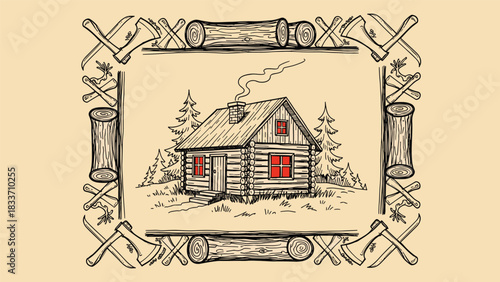 Hand-drawn log cabin in the woods, enclosed in a rustic frame made of logs and crossed axes, in a vintage style.