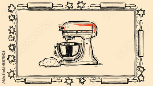 Vintage hand-drawn illustration of a stand mixer, set within a decorative frame of rolling pins and cookie cutters for a bakery theme.