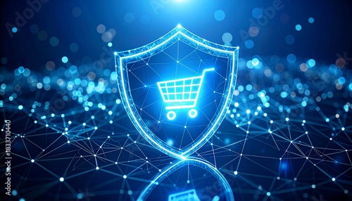 Glowing shield with shopping cart icon over digital network background symbolizing secure e-commerce