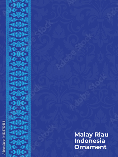 Riau Malay motif in blue with a cyan side ornament and dark floral background, suitable for book covers, invitations, and banners