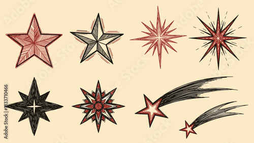 Hand-drawn vintage collection of various star shapes, including celestial Polaris and dynamic shooting star illustrations.