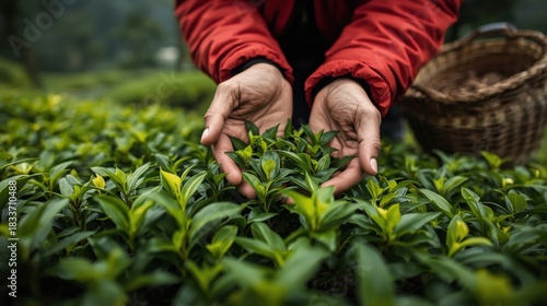 Farmer s hands carefully picking fresh green tea leaves from a plantation
