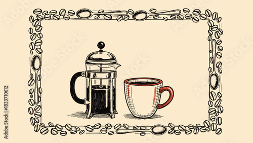 Hand-drawn vintage illustration of a French press coffee maker and a steaming mug, enclosed in a rectangular frame made of coffee beans.