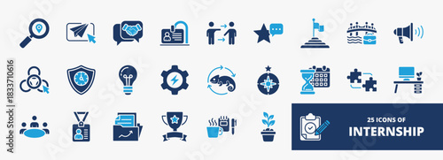 set of A collection of internship icons suitable for web and mobile application. Set of glyph blue style icons with discovery, apply, interview, onboarding, and more icons.