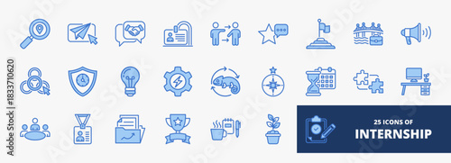 set of A collection of internship icons suitable for web and mobile application. Set of outline blue style icons with discovery, apply, interview, onboarding, and more icons.