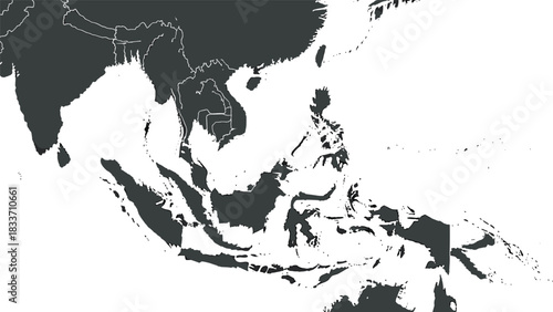 Minimalist and simple map of Southeast Asia in a solid dark grey color, showing country borders on a white background.