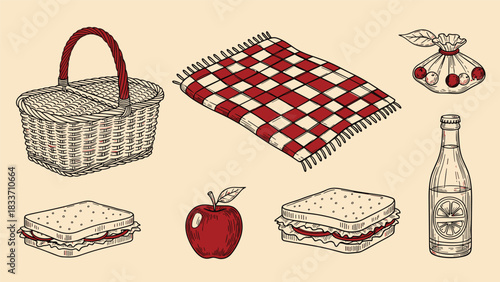 Hand-drawn vintage collection of classic picnic items, including a wicker basket, checkered blanket, sandwiches, an apple, and a drink.