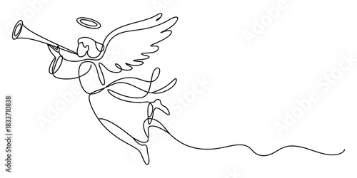 Stylized continuous line drawing of an ethereal angel playing a triumphant trumpet, featuring flowing wings, a divine halo, and dynamic movement. Vector, illustration